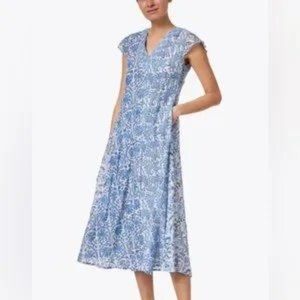 Bella Tu Marine Midi Dress Blue White Floral Block Print XS